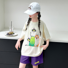批发女童潮牌夏装套装宽松休闲运动纯棉短袖五分短裤中大儿童两件套潮