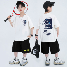 批发<b class='q'>男童</b>潮<b class='q'>牌</b>夏装套装宽松休闲运动纯棉短袖五分短裤中大儿童两件套潮