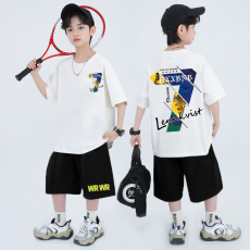 批发<b class='q'>男童</b>潮<b class='q'>牌</b>夏装套装宽松休闲运动纯棉短袖五分短裤中大儿童两件套潮