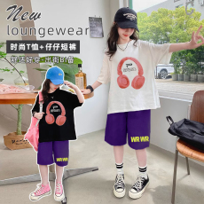 批发女童潮牌夏装套装宽松休闲运动纯棉短袖五分短裤中大儿童两件套潮