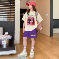 批发女童潮牌夏装套装宽松休闲运动纯棉短袖五分短裤中大儿童两件套潮