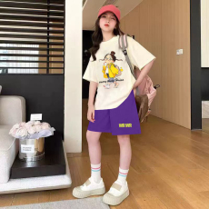 批发女童潮牌夏装套装宽松休闲运动纯棉短袖五分短裤中大儿童两件套潮