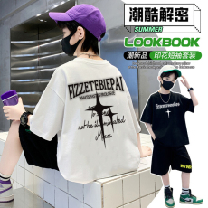 批发<b class='q'>男童</b>潮<b class='q'>牌</b>夏装套装宽松休闲运动纯棉短袖五分短裤中大儿童两件套潮