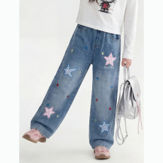 批发女童牛仔裤2026春秋季新款女孩设计感中小童刺绣星星印花阔腿裤潮