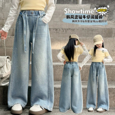 批发女童春秋烫钻牛仔裤中大童洋气宽松百搭直筒裤儿童阔腿裤