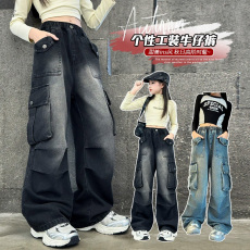 批发女童工装裤春秋新款中大童宽松牛仔裤儿童直筒阔腿多口袋街头嘻哈
