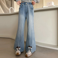 批发儿童装女童春秋牛仔裤2026新款春季女童脚口开叉蝴蝶结喇叭牛仔裤