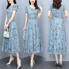 批发夏季短袖新款大码女装收腰修身显瘦遮肚时尚洋气碎花连衣裙