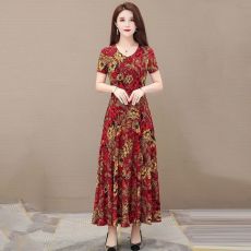 批发新款足尺寸连衣裙套头夏季大码复古印花显瘦气质过膝连衣裙