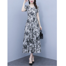 批发夏季足尺寸水墨色碎花短袖连衣裙大码洋气高端收腰气质中长连衣裙