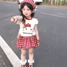 批发洋气<b class='q'>女童</b>夏时髦<b class='q'>洋气</b>两件套可爱卡通上衣T恤花苞裤裙女孩夏季衣服