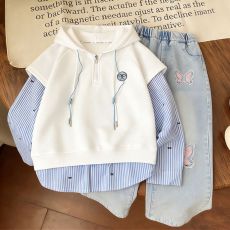 批发<b class='q'>女童</b>202<b class='q'>6</b>新款春秋季韩版时尚假两件百搭上衣阔腿<b class='q'>牛仔裤</b>套装新品潮