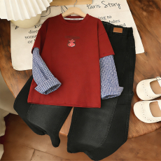 批发女童假两件<b class='q'>T</b><b class='q'>恤</b>套装春秋季2026新款洋气<b class='q'>儿童</b>拼接长袖牛仔裤两件套