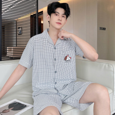 批发馨依 夏季新款<b class='q'>男士</b>云朵棉（天丝爽棉）<b class='q'>短袖</b>短裤开衫翻领绣花睡衣