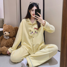 批发馨依 秋冬季<b class='q'>羊绒</b>开衫睡衣<b class='q'>女士</b>可爱黄色小猫大码保暖可外出家居服