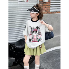 批发<b class='q'>女</b><b class='q'>童</b><b class='q'>夏季</b>套装宽松纯棉三条杆短袖冰丝裙裤中大童外穿洋气两件套潮