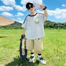 批发<b class='q'>男童</b>夏<b class='q'>季</b>套装宽松纯棉三条杆短袖运动速干工装裤中大童外穿两件套