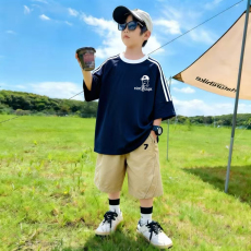 批发<b class='q'>男童</b>夏<b class='q'>季</b>套装宽松纯棉三条杆短袖运动速干工装裤中大童外穿两件套