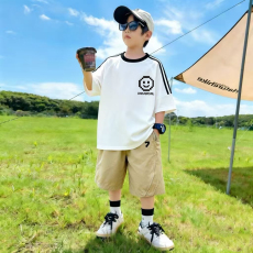 批发<b class='q'>男童</b>夏<b class='q'>季</b>套装宽松纯棉三条杆短袖运动速干工装裤中大童外穿两件套