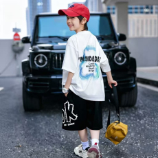 批发男童潮牌夏装套装宽松休闲运动纯棉短袖五分短裤中大<b class='q'>儿童</b>两件套潮