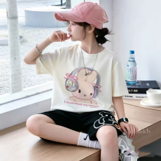 批发女童洋气夏装套装宽松休闲运动纯棉短袖五分短裤中大<b class='q'>儿童</b>两件套潮