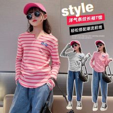 批发<b class='q'>女童</b>打底<b class='q'>衫</b>春秋2026新款儿童<b class='q'>长袖</b><b class='q'>t</b><b class='q'>恤</b>条纹内搭中大童女孩上衣童装