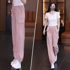 批发【腰头包边】直筒美式工装裤女夏季薄款新款高腰<b class='q'>宽松</b>多口袋运动裤子