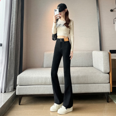 批发【两个长度】春季新款高腰弹力微喇叭排扣显瘦女裤子休闲喇叭裤爆款