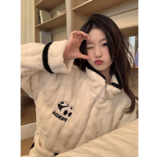 批发【阿宝浠】拉链提花绒睡衣女秋冬季加厚保暖家居服可外穿女士套装