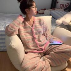 批发【阿宝浠】睡衣女冬季软少女学生家居服开衫套装可外穿加厚半边绒