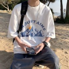 批发100%纯棉T恤五分袖短袖男宽松韩版潮流潮牌复古<b class='q'>欧美</b>ins风文艺<b class='q'>简约</b>