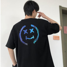 批发100%纯棉T恤五分袖短袖男宽松韩版<b class='q'>欧美</b><b class='q'>简约</b>ins风潮牌笑脸涂鸦街头