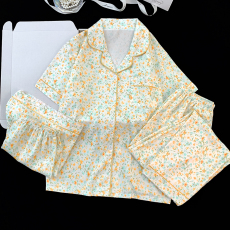 批发<b class='q'>三件套</b>碎花云朵棉无胸垫款夏季<b class='q'>睡衣</b>翻领开衫短袖短裤长裤家居服