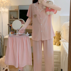 批发<b class='q'>三件套</b>短袖短裤长裤 花边翻领开衫女士<b class='q'>睡衣</b>口袋绣花 6535提花棉