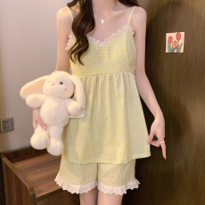 批发天丝棉 固定胸垫 吊带花边格子睡裙夏季甜美<b class='q'>中长款</b>睡裙