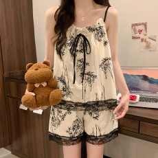 批发云朵棉 可拆卸胸垫水墨竹子 吊带木耳蕾丝花边短裤夏季睡衣家居服