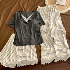 批发<b class='q'>三件套</b>短袖 莫代尔固定胸垫<b class='q'>睡衣</b>夏季圆领V领花边韩版短袖短裤长裤