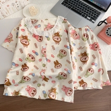 批发俏得美(14批)夏季泡泡棉蕾丝花边圆领<b class='q'>开衫</b>短袖短裤睡衣女儿童套装