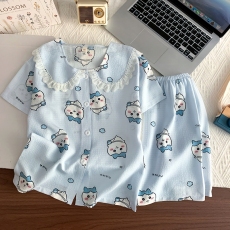 批发俏得美(13批)夏季泡泡棉蕾丝花边圆领<b class='q'>开衫</b>短袖短裤睡衣女儿童套装