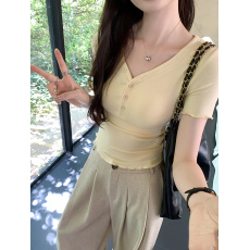 批发<b class='q'>莫代尔</b>2×2随心裁260g 正肩纽扣V领短袖<b class='q'>T</b><b class='q'>恤</b>女木耳边设计感修身上衣