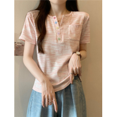 批发原版220g色织条纹 多巴胺新款<b class='q'>短袖</b>T恤女夏季<b class='q'>修身</b>显瘦纯欲辣妹正肩