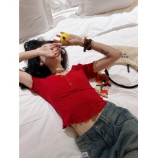 批发<b class='q'>莫代尔</b>2×2随心裁260g 高阶御姐性感复古红色V领紧身高弹短袖<b class='q'>T</b><b class='q'>恤</b>