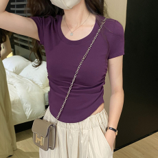 批发特价韩国东大门欧货U领<b class='q'>短袖</b>T恤女抽褶不规则设计感夏新款百搭上衣