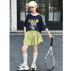 批发<b class='q'>女童</b>夏<b class='q'>季</b>套装宽松纯棉三条杆短袖冰丝<b class='q'>裙裤</b>中大童外穿洋气两件套潮