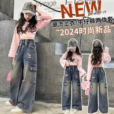 批发女童春秋裤子2025新款儿童女<b class='q'>韩版</b>破洞牛仔裤中大童春装直筒阔腿裤