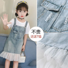 批发<b class='q'>女</b><b class='q'>童</b>夏装2023新款牛仔韩版中大童洋气时髦潮衣夏季儿童背带裙套装