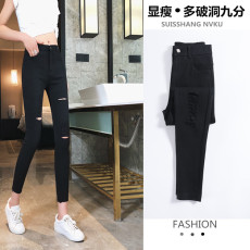 批发999#实拍早秋黑色<b class='q'>破洞</b>牛仔裤女秋装高腰显瘦小脚裤子春秋新款紧身