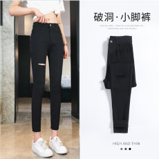 批发119#实拍<b class='q'>破洞</b>毛边九分<b class='q'>打底裤</b>新款夏季薄款女黑色小脚裤显瘦女裤潮