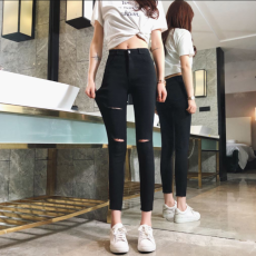批发实拍夏季薄款八分小个子<b class='q'>破洞</b>裤乞丐裤百搭黑色小脚裤九分铅笔裤新