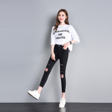 批发<b class='q'>破洞</b><b class='q'>打底裤</b>女外穿2021新款黑色显瘦高腰九分裤薄款小黑裤子